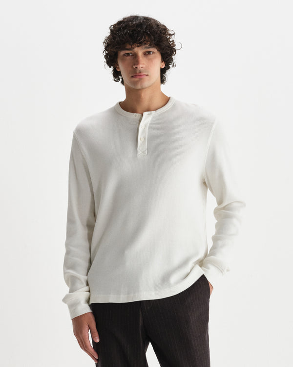 wax london men's Halton - Ecru Waffle Long-Sleeve Henley T-Shirt