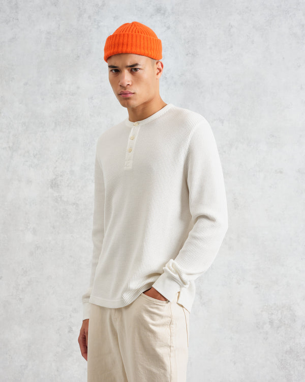 wax london Halton - Ecru Waffle Long-Sleeve Henley T-Shirt