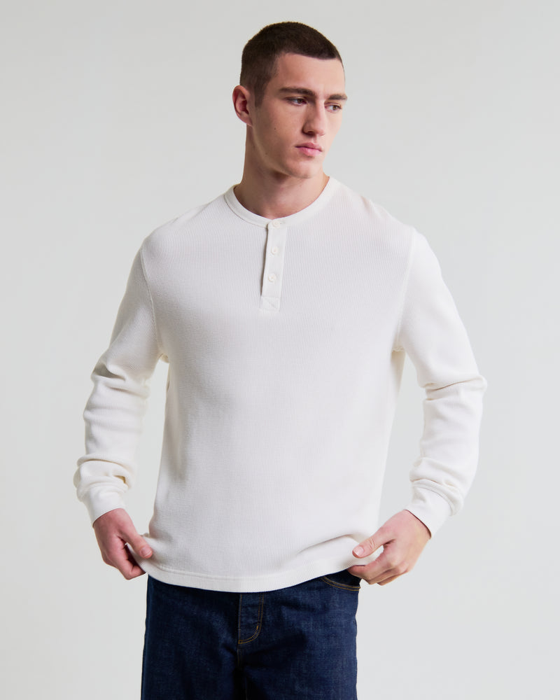 Men's Ecru Waffle Long-Sleeve Henley T-Shirt | Wax London