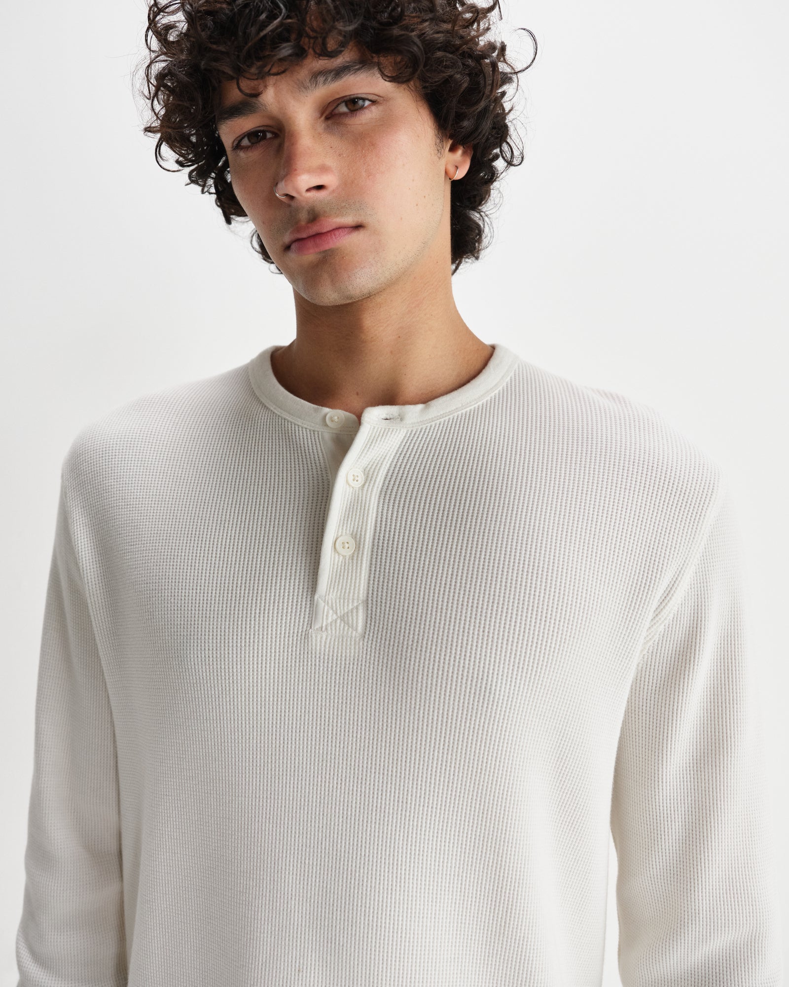Men's Ecru Waffle Long-Sleeve Henley T-Shirt | Wax London