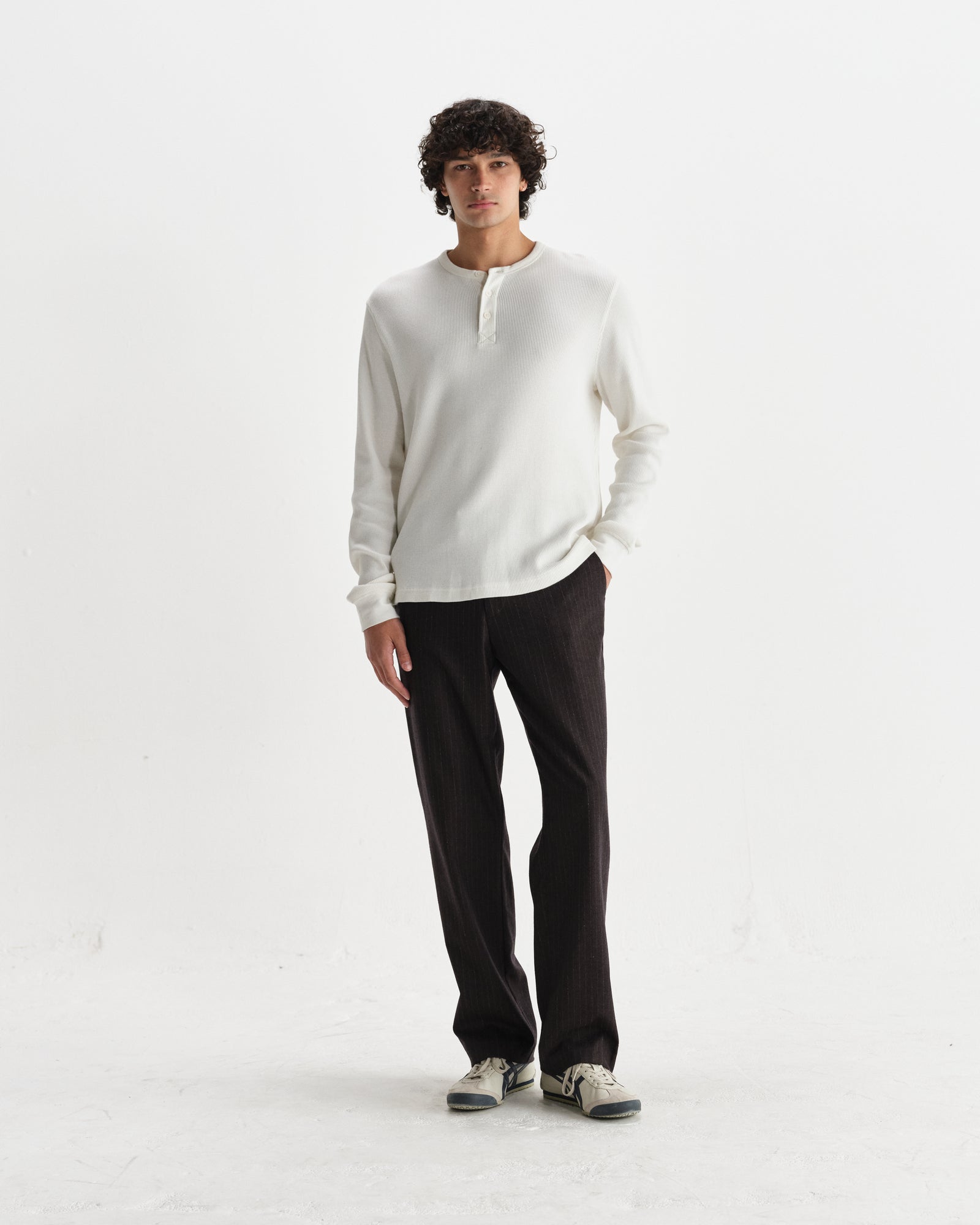 Men's Ecru Waffle Long-Sleeve Henley T-Shirt | Wax London