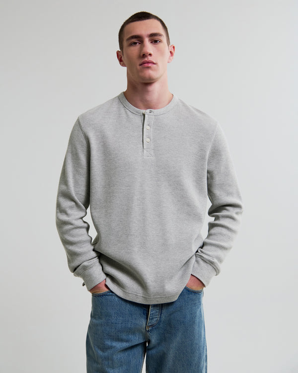 wax london men's Halton - Grey Waffle Long-Sleeve Henley T-Shirt