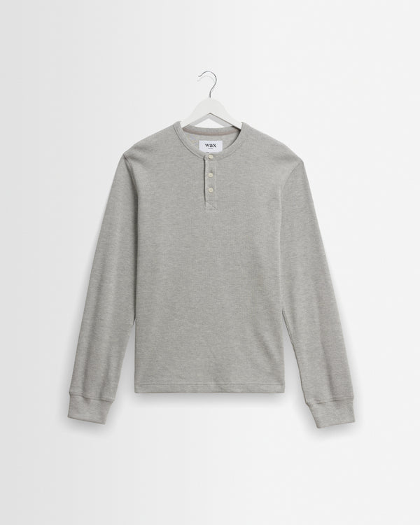wax london men's Halton - Grey Waffle Long-Sleeve Henley T-Shirt