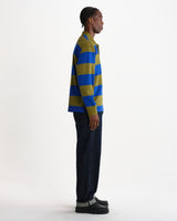 wax london men's Hartley - Green And Blue Block Stripe Long-Sleeve Polo