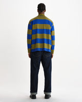 wax london men's Hartley - Green And Blue Block Stripe Long-Sleeve Polo