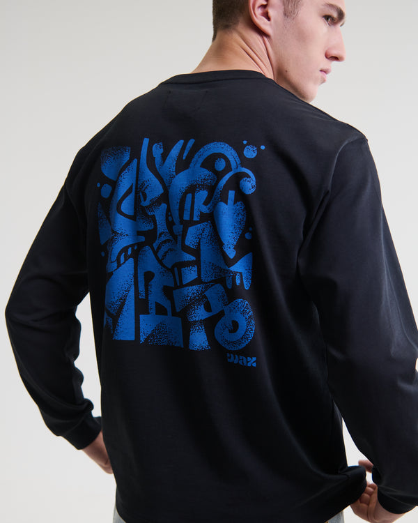 wax london men's Hayden - Black And Blue 90s Doodle Graphic Cotton T-Shirt