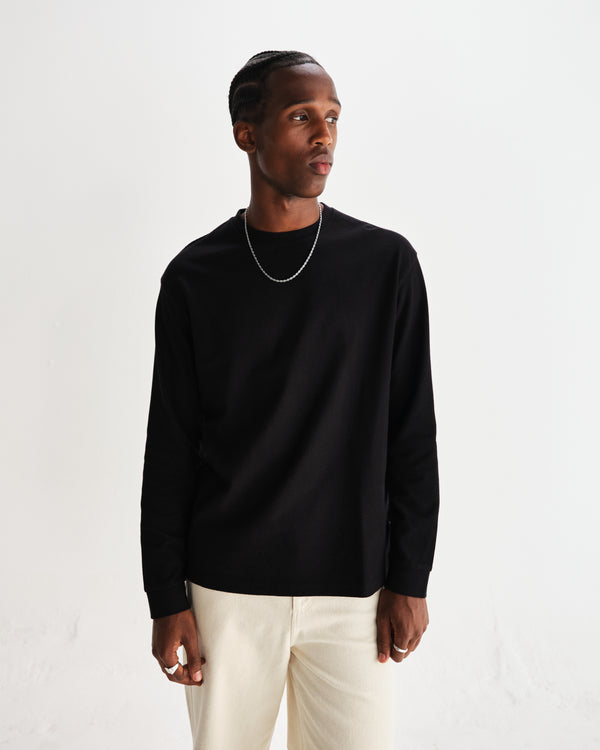 wax london men's Hayden - Black Textured Organic Cotton Long Sleeve T-Shirt