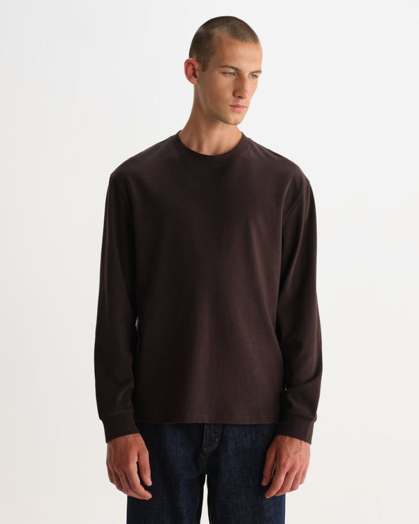wax london men's Hayden - Dark Brown Emorised Cotton Long-Sleeve T-Shirt