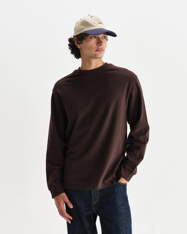 wax london men's Hayden - Dark Brown Textured Organic Cotton Long Sleeve T-Shirt