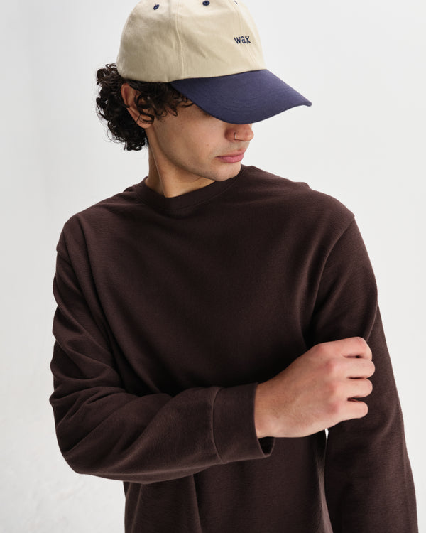 wax london men's Hayden - Dark Brown Textured Organic Cotton Long Sleeve T-Shirt