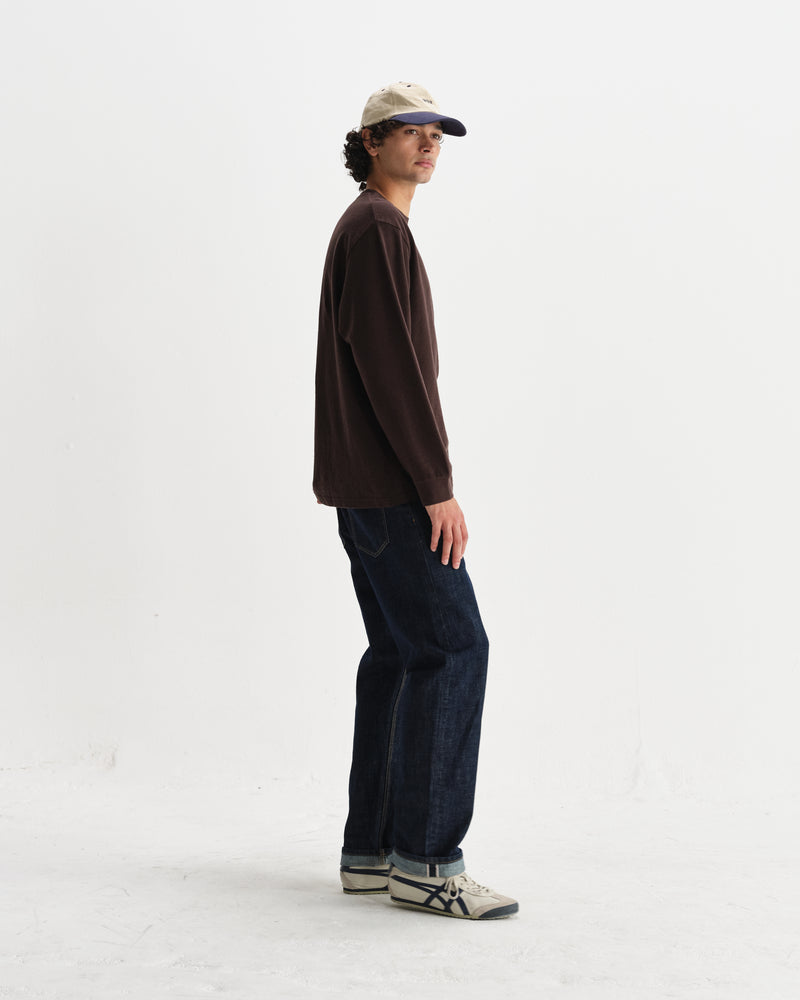 wax london men's Hayden - Dark Brown Textured Organic Cotton Long Sleeve T-Shirt