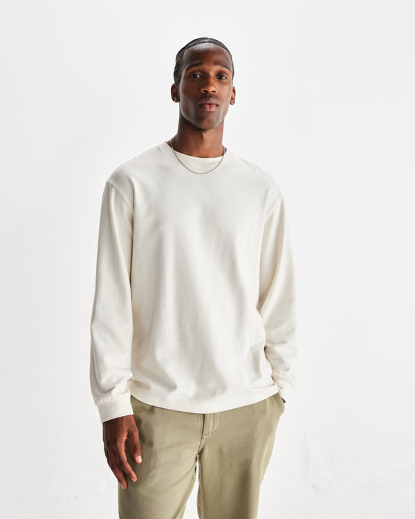 wax london men's Hayden - Ecru Textured Organic Cotton Long Sleeve T-Shirt