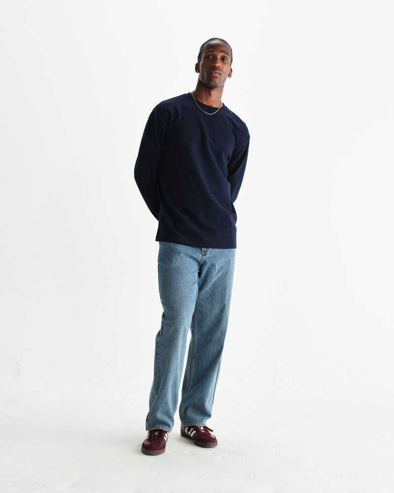 wax london men's Hayden - Navy Textured Organic Cotton Long Sleeve T-Shirt