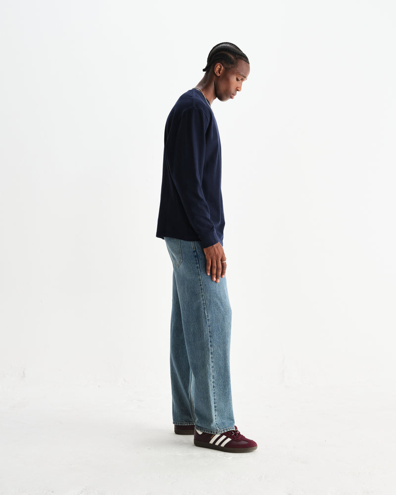 wax london men's Hayden - Navy Textured Organic Cotton Long Sleeve T-Shirt