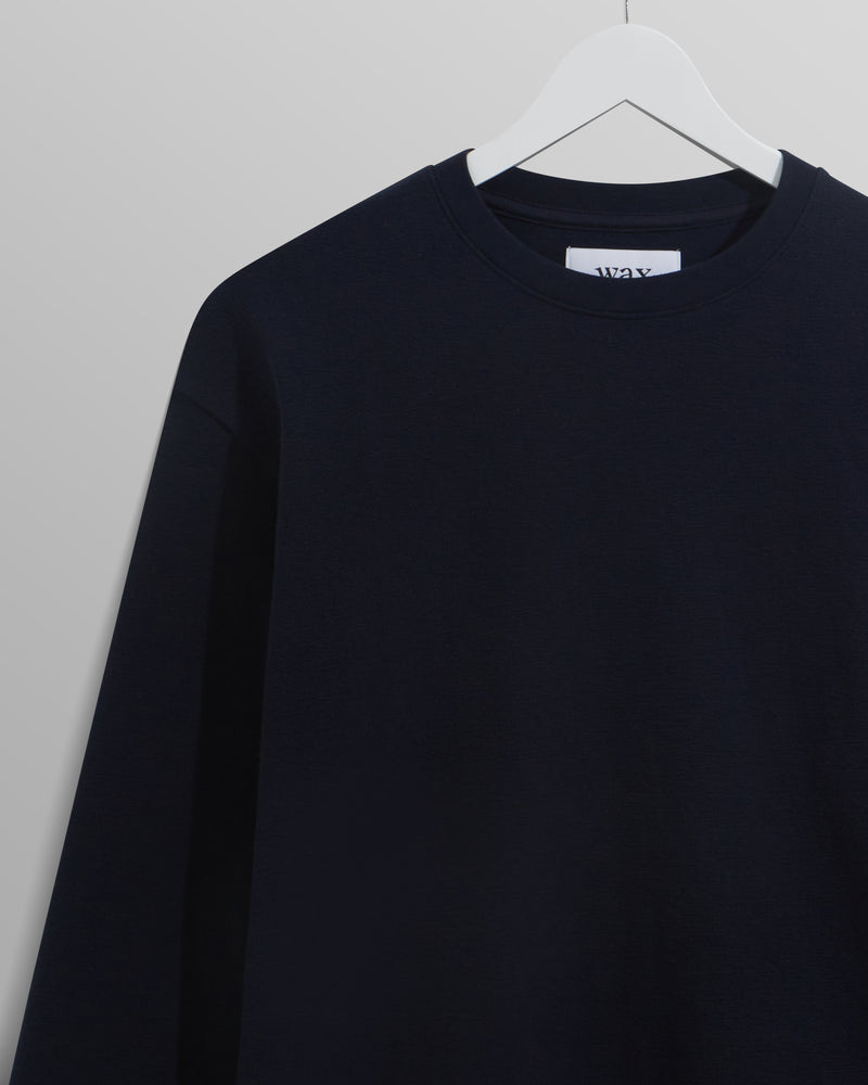wax london men's Hayden - Navy Textured Organic Cotton Long Sleeve T-Shirt