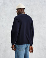 wax london Hayden - Navy Textured Organic Cotton Long Sleeve T-Shirt