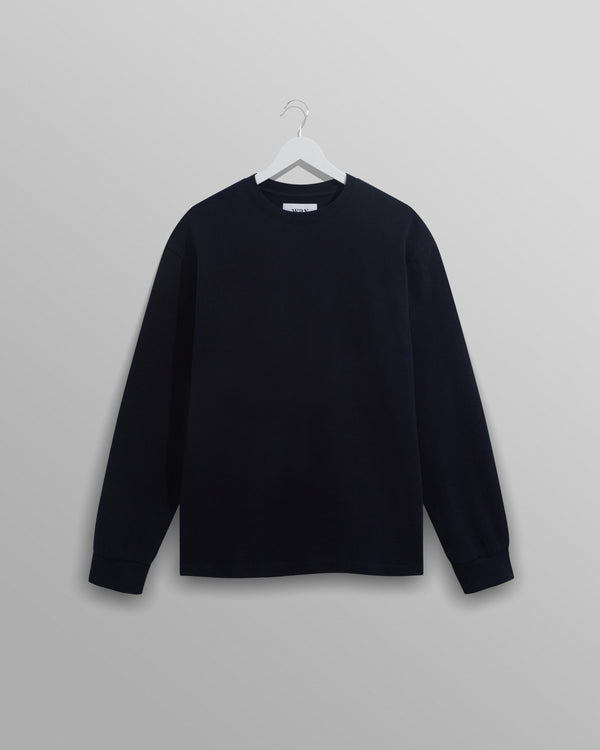 wax london men's Hayden - Navy Textured Organic Cotton Long Sleeve T-Shirt