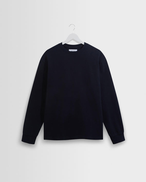 wax london men's Hayden - Navy Textured Organic Cotton Long Sleeve T-Shirt