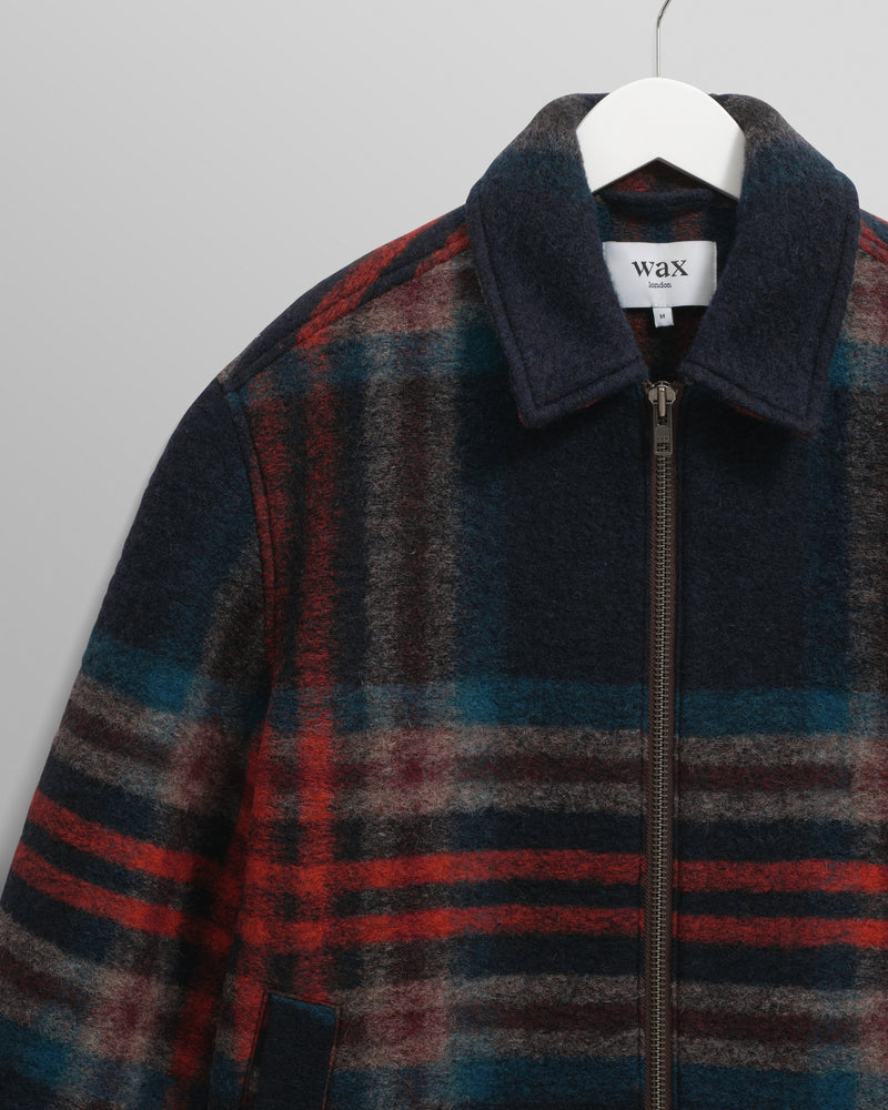 wax london men's Heath - Navy And Multicolour Wool Check Jacket