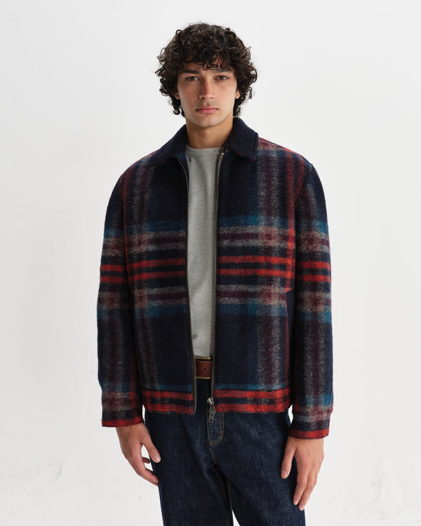 wax london men's Heath - Navy And Multicolour Check Wool Jacket