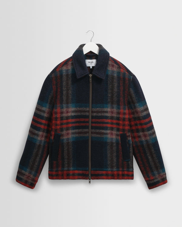 wax london men's Heath - Navy And Multicolour Check Wool Jacket