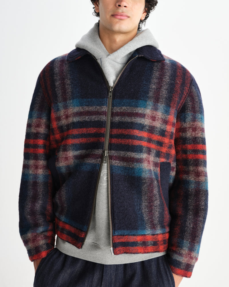 wax london men's Heath - Navy And Multicolour Wool Check Jacket