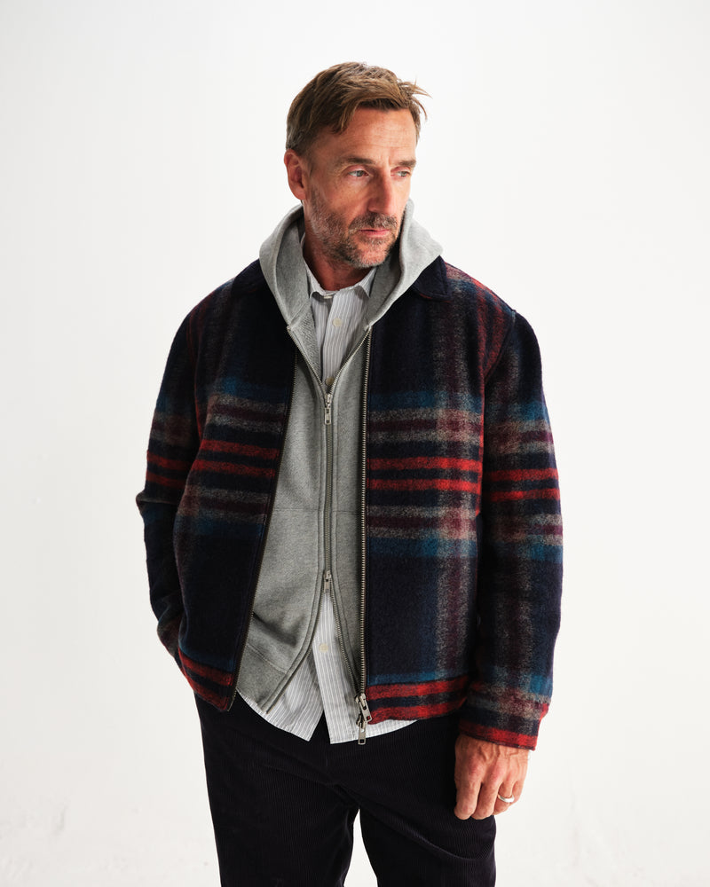 wax london men's Heath - Navy And Multicolour Wool Check Jacket