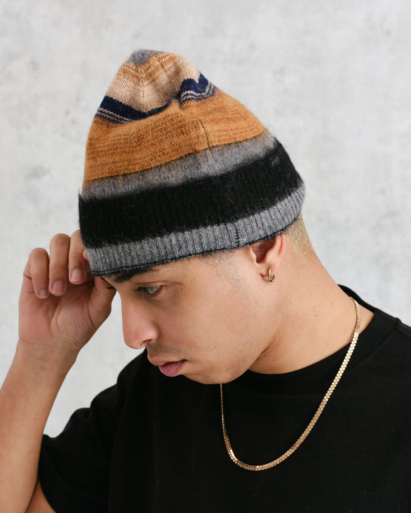 wax london Hill - Black Brush Stripe Wool Beanie