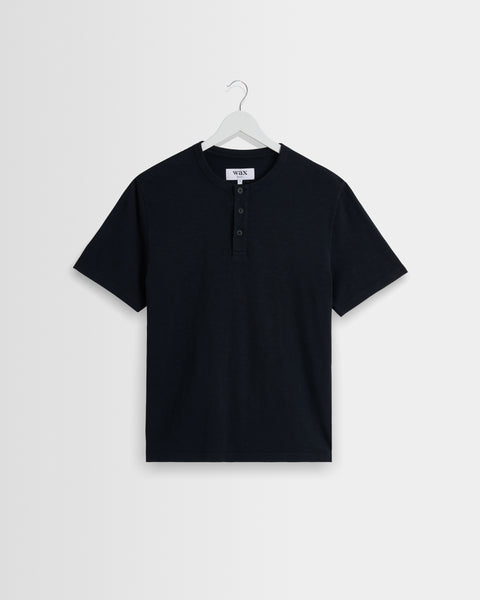 Men's Black Slub Organic Cotton Henley T-Shirt | Wax London