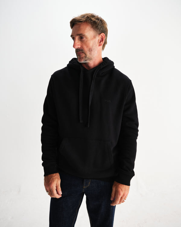 wax london men's Hoxton - Black Brushed Organic Cotton Hoodie