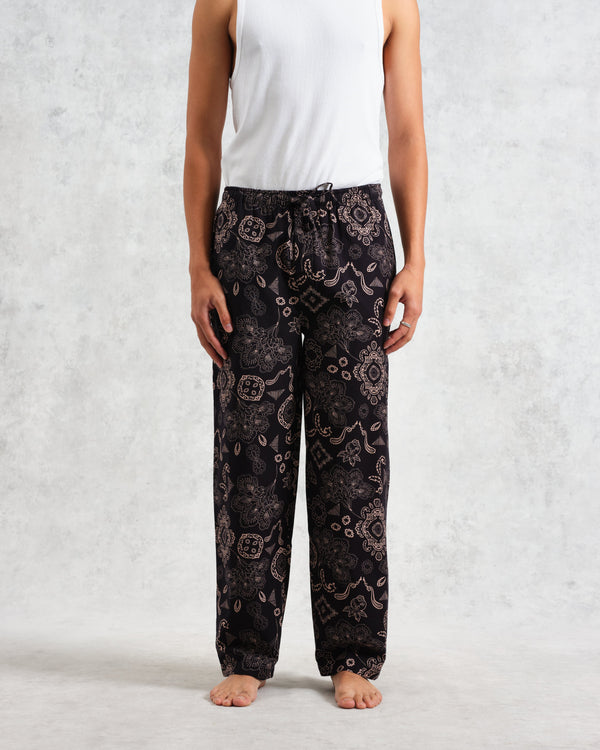 wax london Hutton Lounge Trousers Black/Beige Floral Paisley