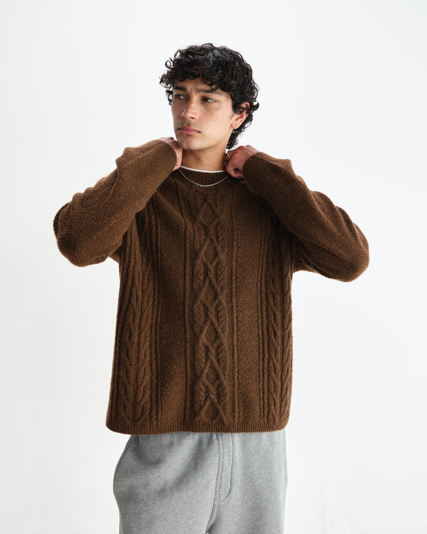 wax london men's Hyatt - Brown Brush Cable Knit Crewneck Jumper