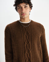 wax london men's Hyatt - Brown Brush Cable Knit Crewneck Jumper