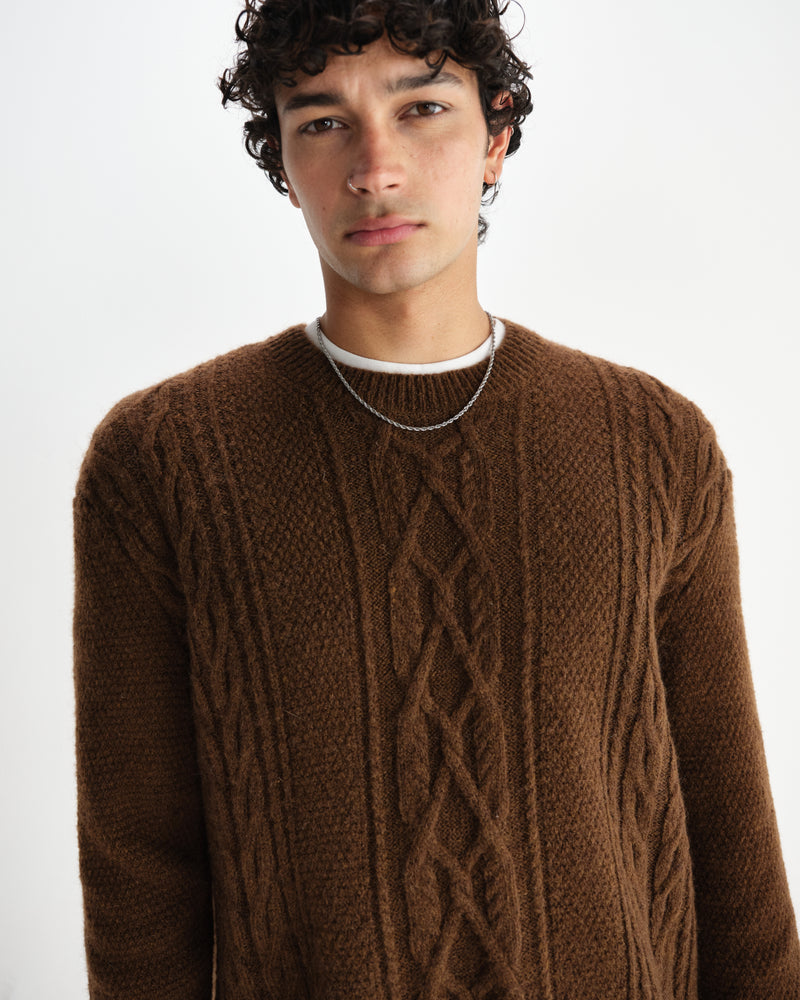 wax london men's Hyatt - Brown Brush Cable Knit Crewneck Jumper