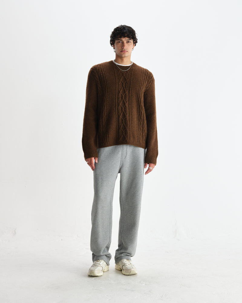 wax london men's Hyatt - Brown Brush Cable Knit Crewneck Jumper