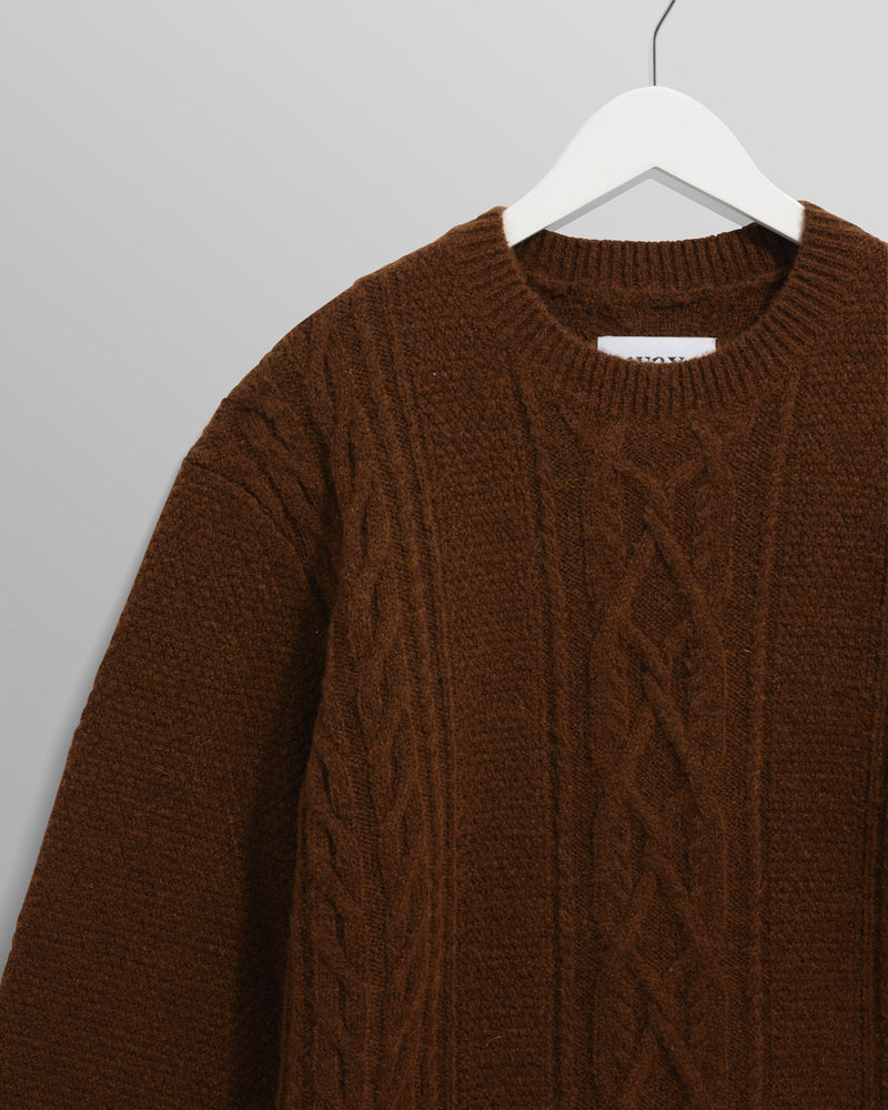 wax london men's Hyatt - Brown Brush Cable Knit Crewneck Jumper