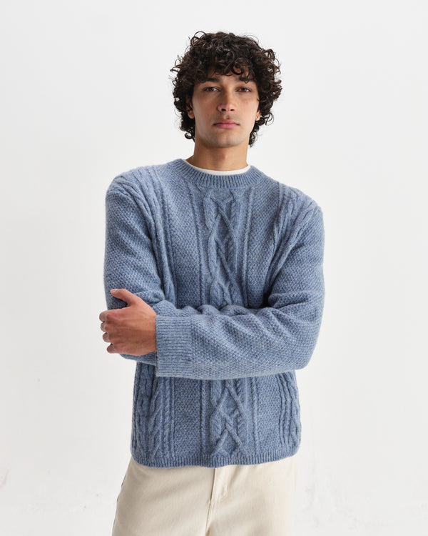 wax london men's Hyatt - Light Blue Brush Cable Knit Crewneck Jumper