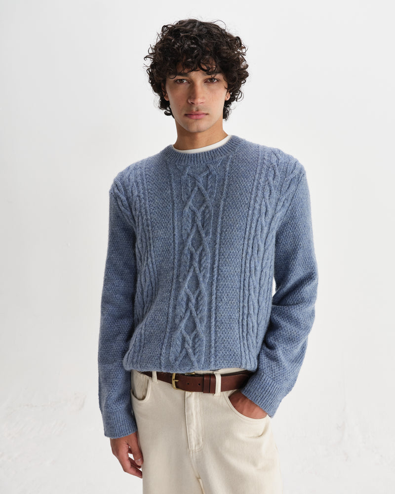 wax london men's Hyatt - Light Blue Brush Cable Knit Crewneck Jumper