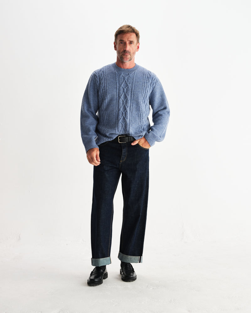 wax london men's Hyatt - Light Blue Brush Cable Knit Crewneck Jumper