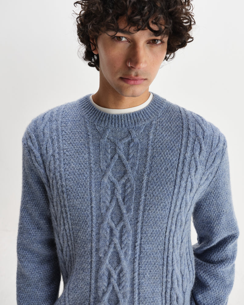wax london men's Hyatt - Light Blue Brush Cable Knit Crewneck Jumper