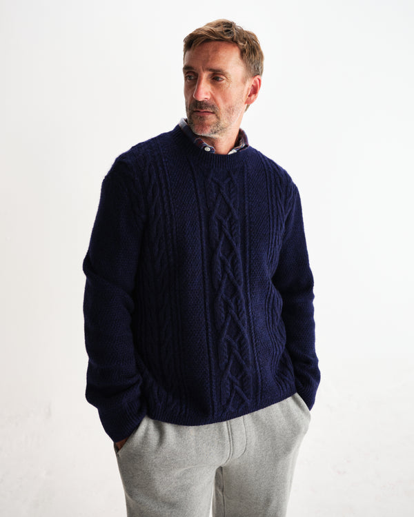 wax london men's Hyatt - Navy Brush Cable Knit Crewneck Jumper