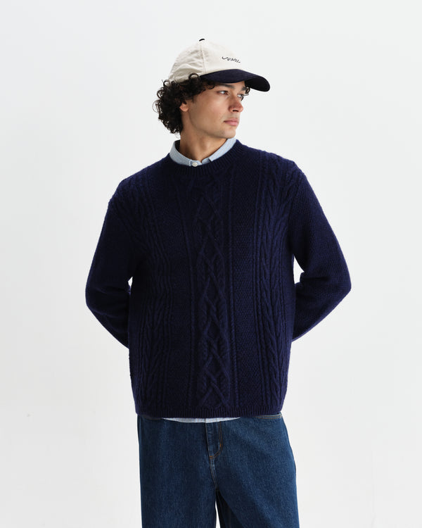 wax london men's Hyatt - Navy Brush Cable Knit Crewneck Jumper