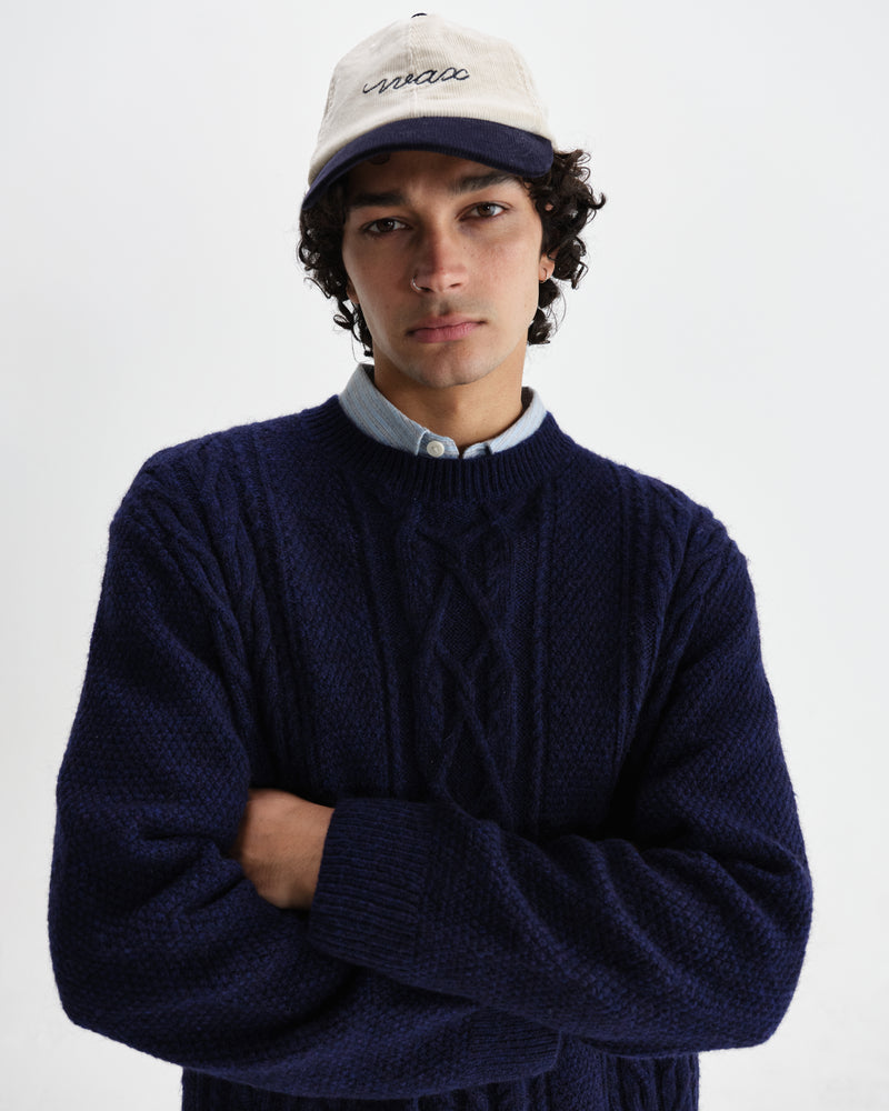 wax london men's Hyatt - Navy Brush Cable Knit Crewneck Jumper