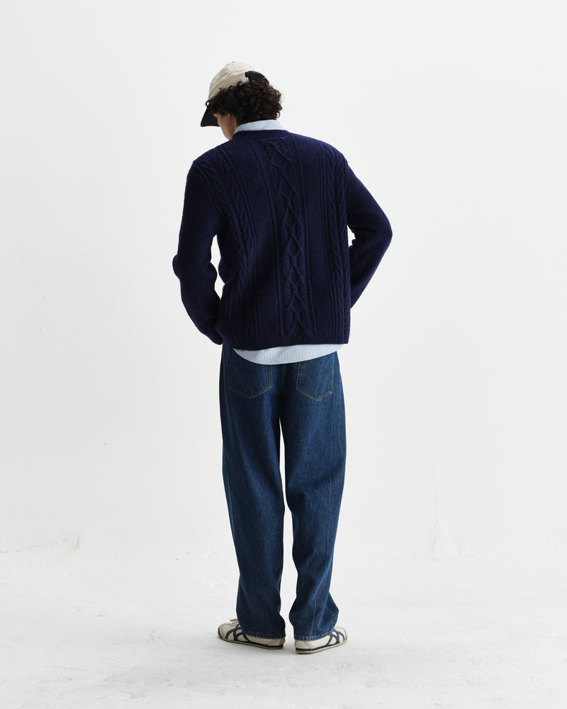 wax london men's Hyatt - Navy Brush Cable Knit Crewneck Jumper
