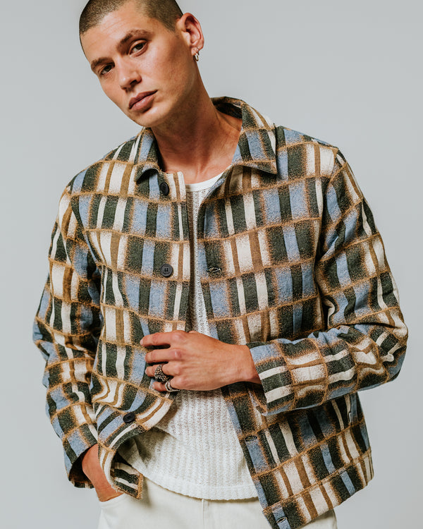 wax london men's Iggy - Beige And Blue Ombre Grid Jacket