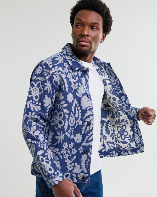 wax london men's Iggy - Blue And Ecru Floral Jacquard Jacket