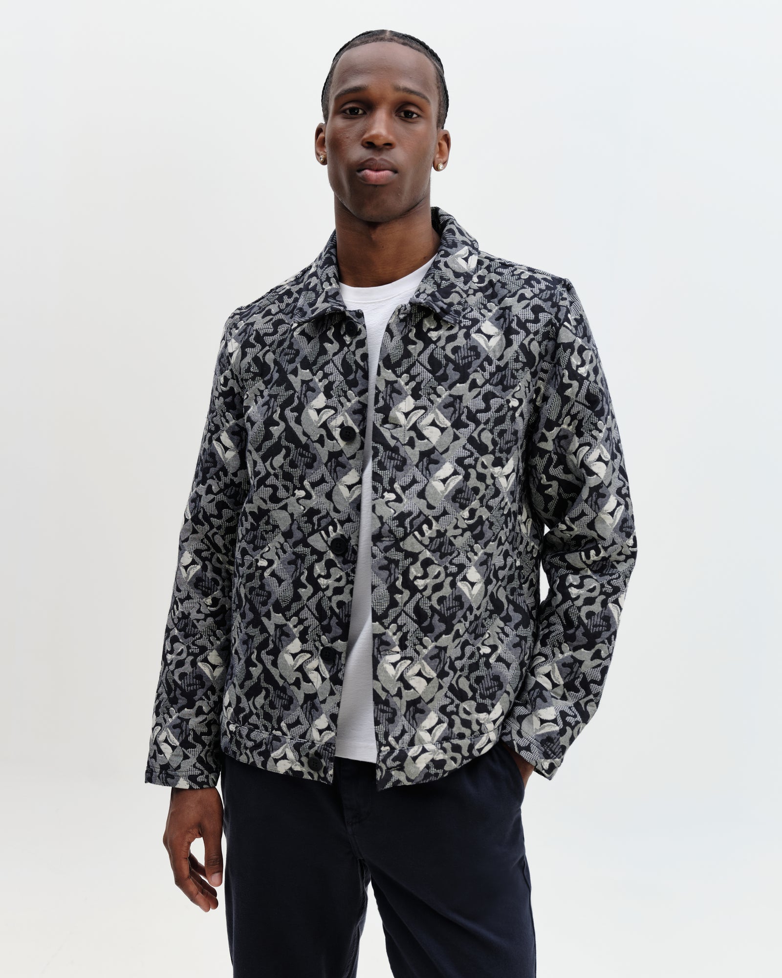 Men's Navy And Ecru Tile Jacquard Jacket | Wax London