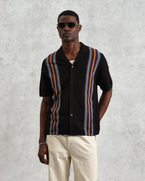 wax london men's Ivy - Black And Multicolour Striped Cotton Polo Shirt