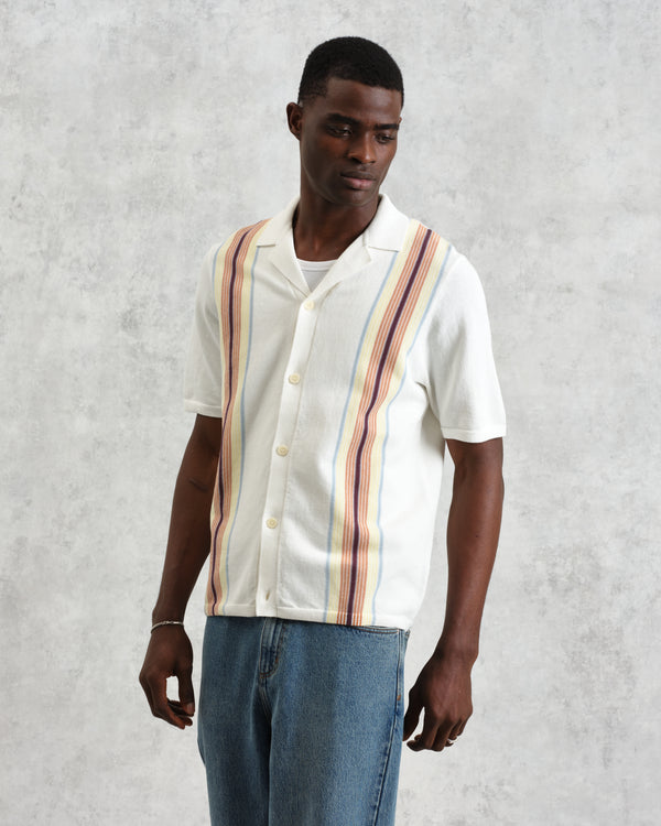 wax london men's Ivy - Ecru And Multicolour Striped Cotton Polo Shirt