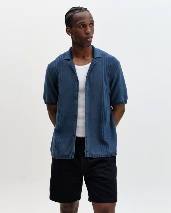 wax london men's Ivy - Washed Blue Cotton Knitted Shirt